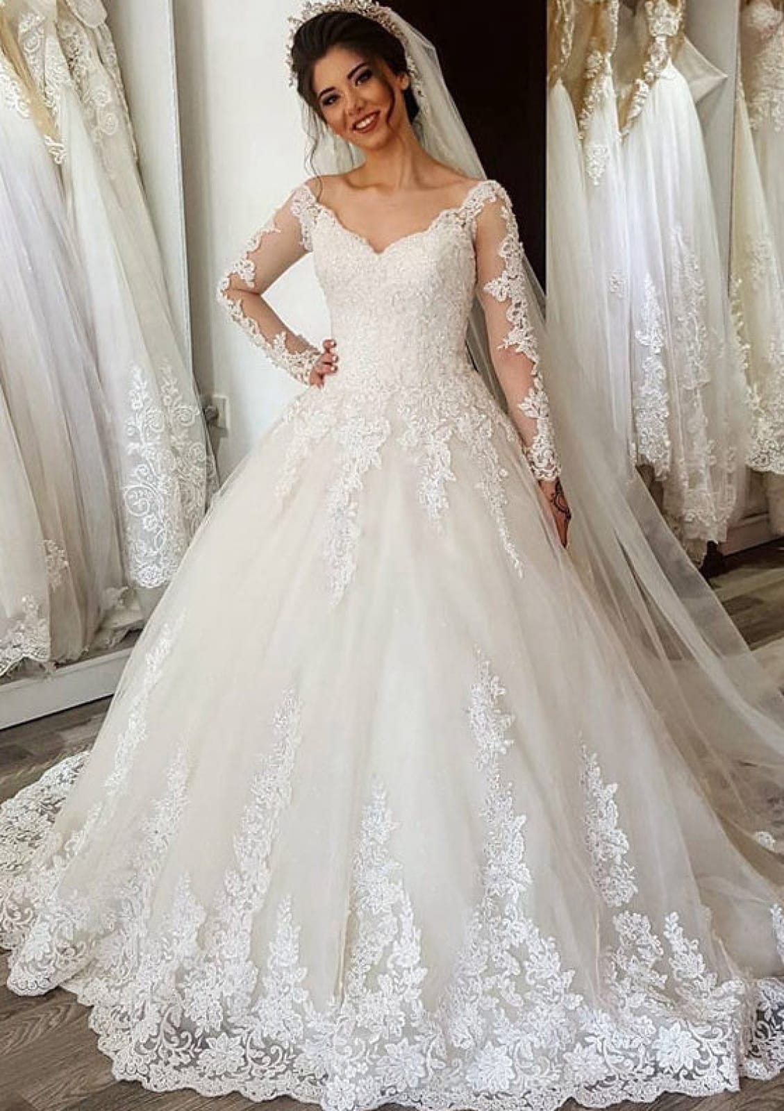Lace Tulle V-Neck Sheer Long Sleeve Sweep Ball Gown Wedding Dress Lace Tulle V-Neck Sheer Long Sleeve Sweep Ball Gown Wedding Dress