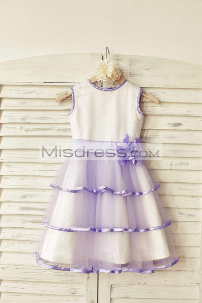 Lavender Satin Tiered Tulle Flower Girl Dress with flower sash - Flower Girl Dresses