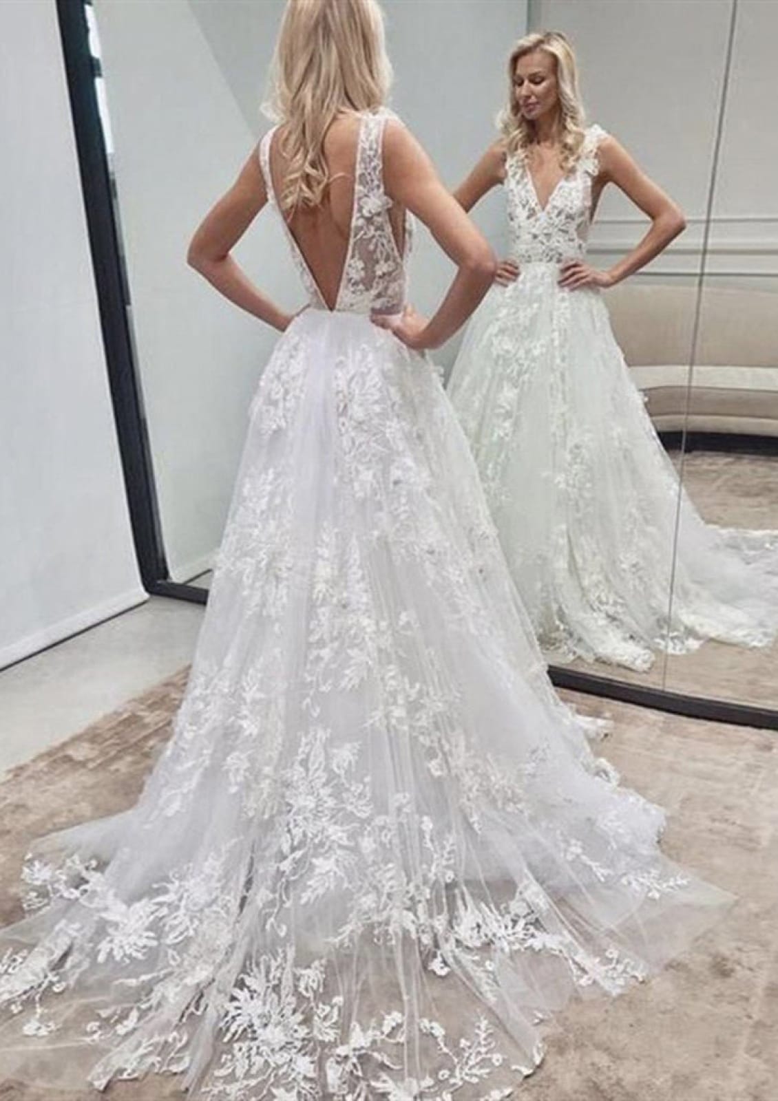 A-line V Back Sleeveless Chapel Ivory Lace Tulle Wedding