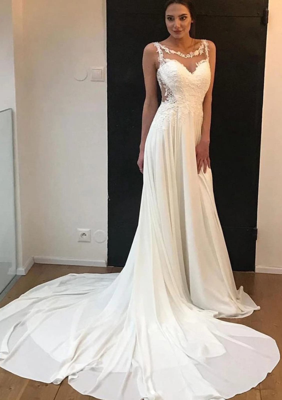 A-line Bateau Neck Illusion Back Sleeveless Chiffon Wedding