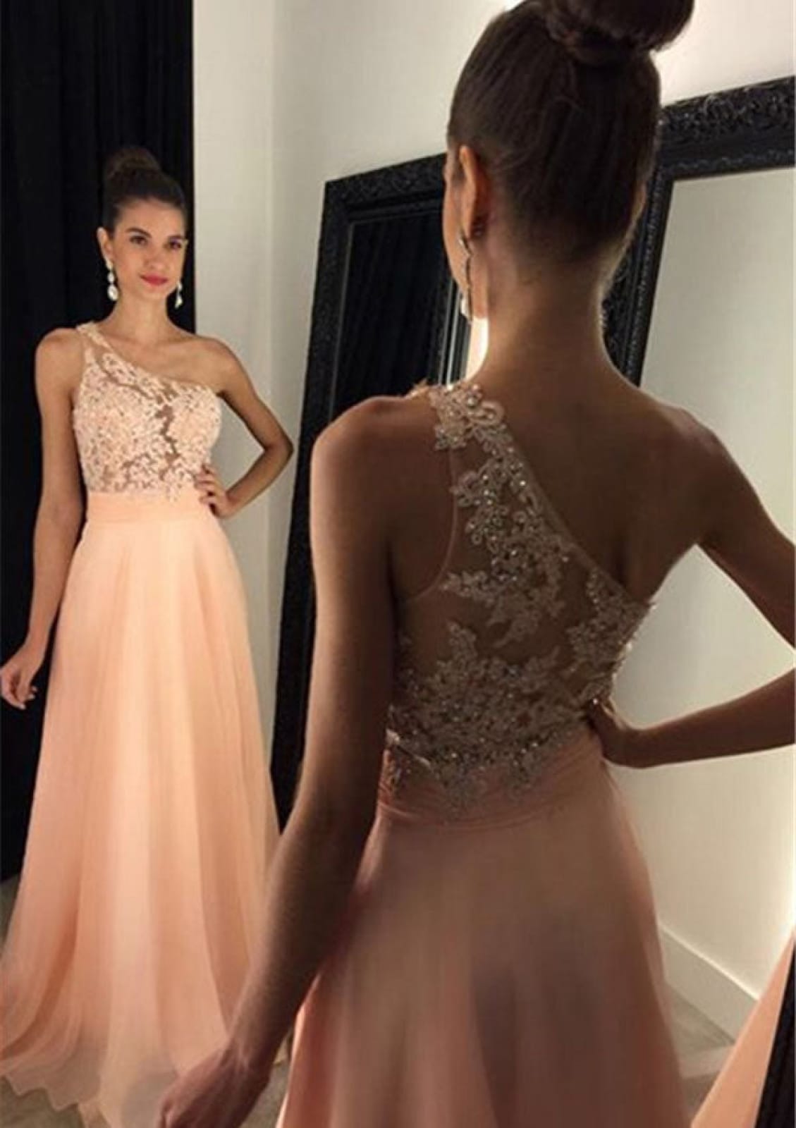 A-line Beaded Lace One Shoulder Sleeveless Blue Chiffon Prom