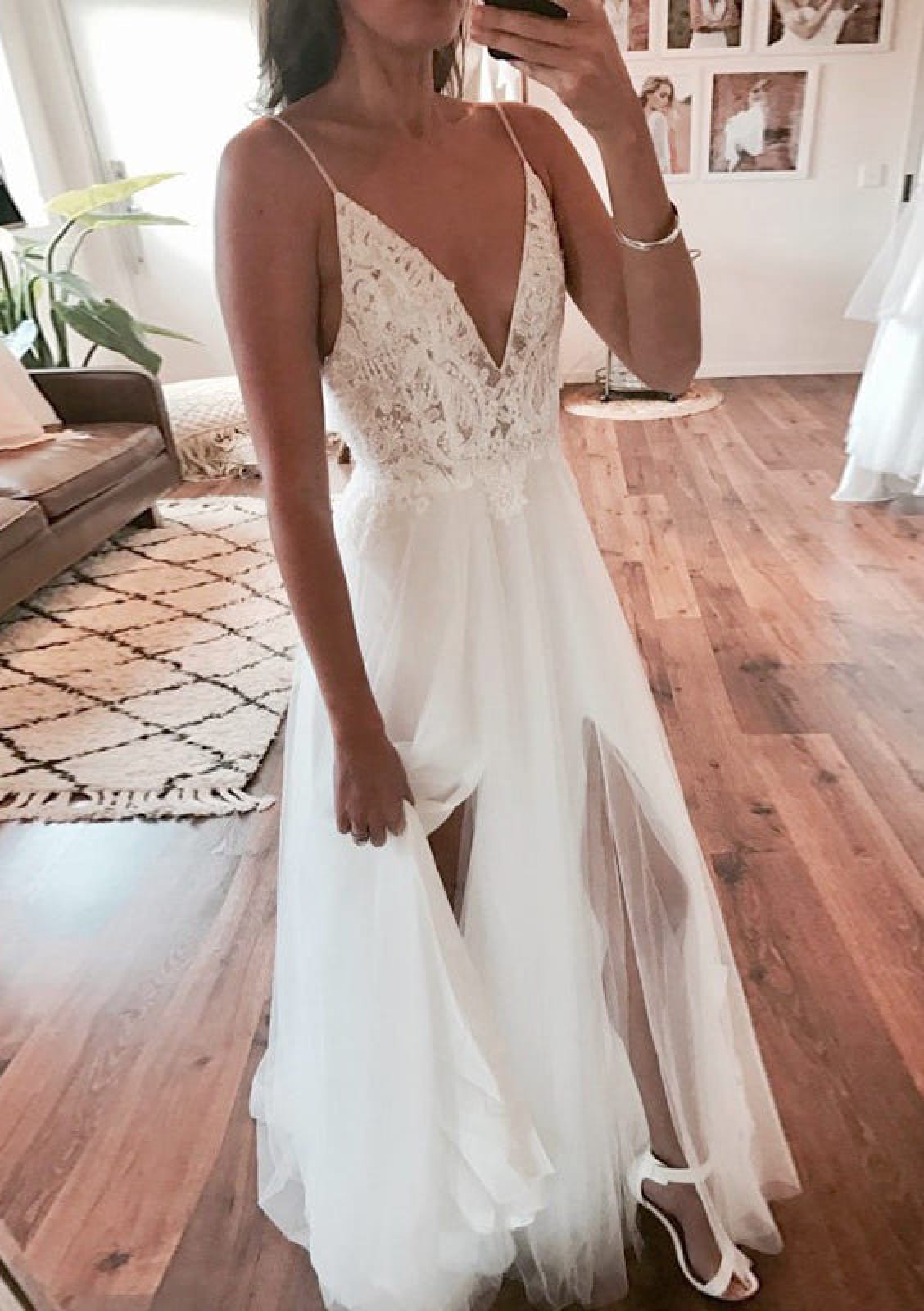 Backless Spaghetti Straps Wedding Dresses, V-neck Lace A-line Wedding Dresses Backless Spaghetti Straps Wedding Dresses, V-neck Lace A-line Wedding Dresses