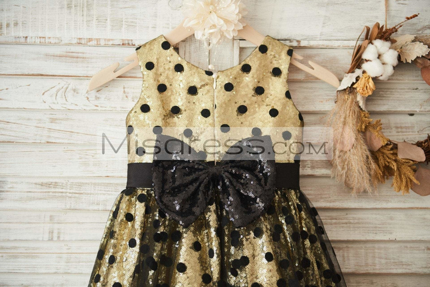 Gold Sequin Black Polka Dot Tulle Wedding Flower Girl Dress with Big Bow - Flower Girl Dresses