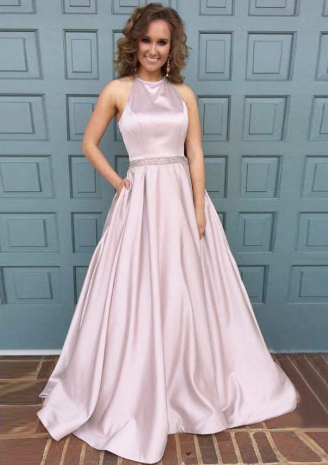Halter Neck Satin Sleeveless Graceful Prom Dress With Slit Peach