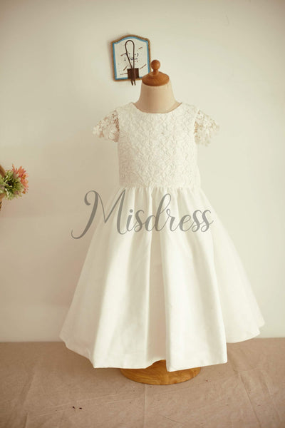 Ivory Lace Cotton Cap Sleeves Wedding Flower Girl Dress with Bow - Flower Girl Dresses