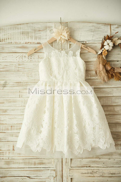 Ivory Lace Tulle Wedding Flower Girl Dress with Sheer Neck - Flower Girl Dresses