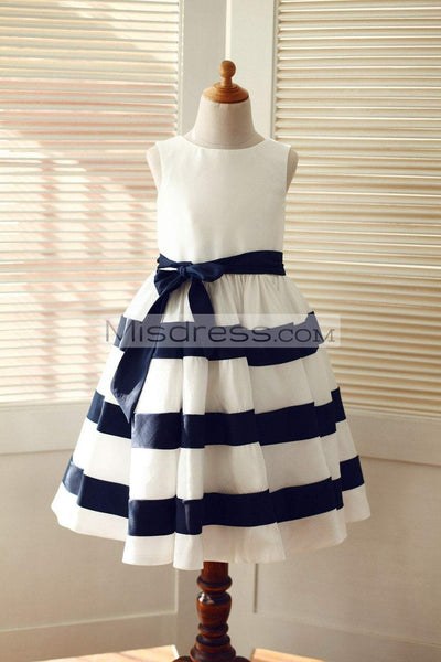Ivory/Navy Blue Taffeta Stripe Wedding Flower Girl Dress - Flower Girl Dresses