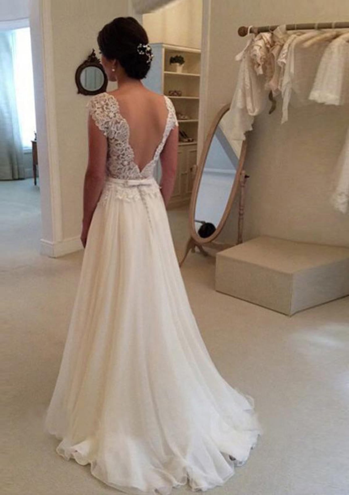 A-line Appliqued Chiffon Scalloped Bateau Cap Sleeve V Back