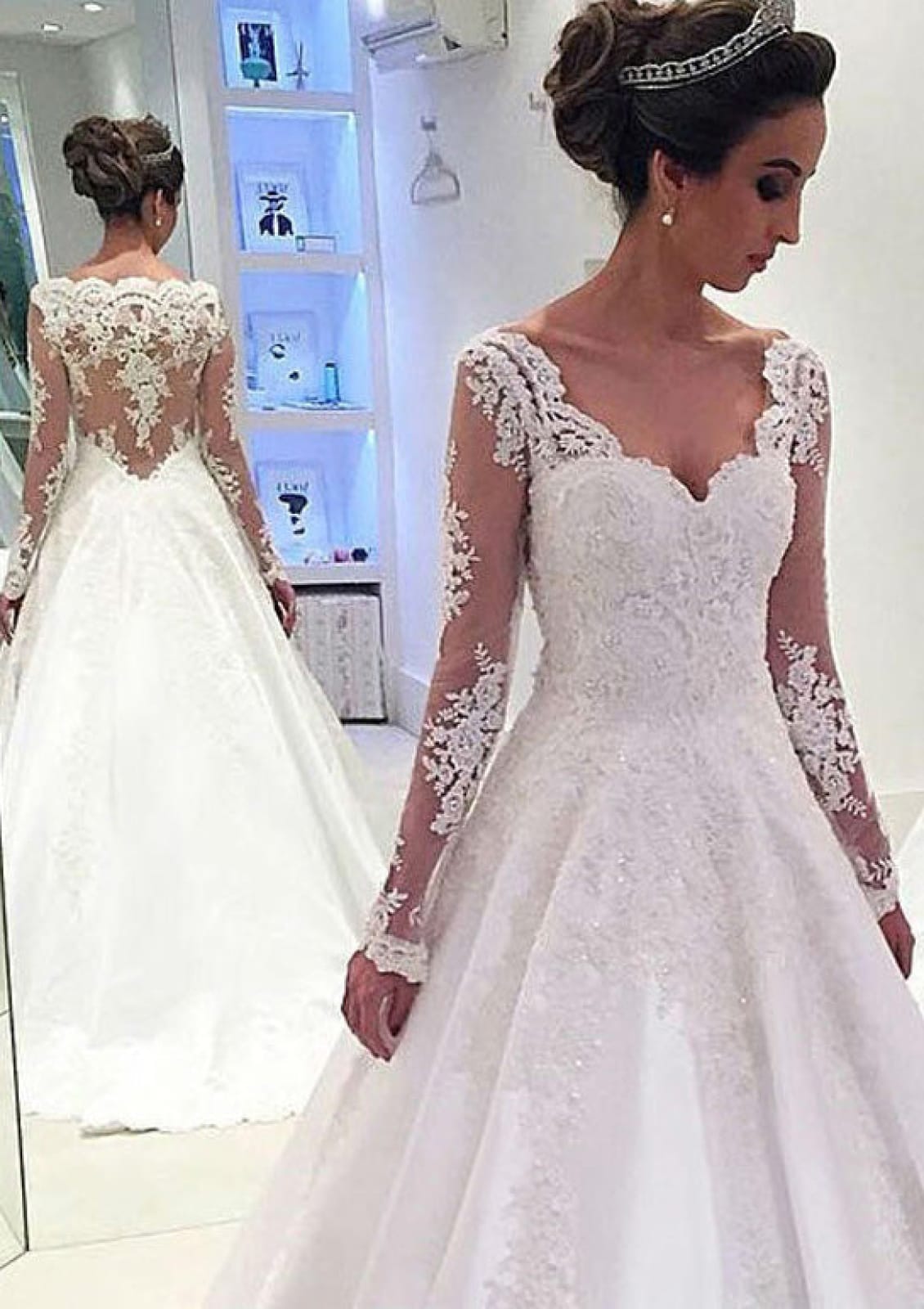 White Retro A-line Long Sleeves Court Train Lace Wedding Dresses