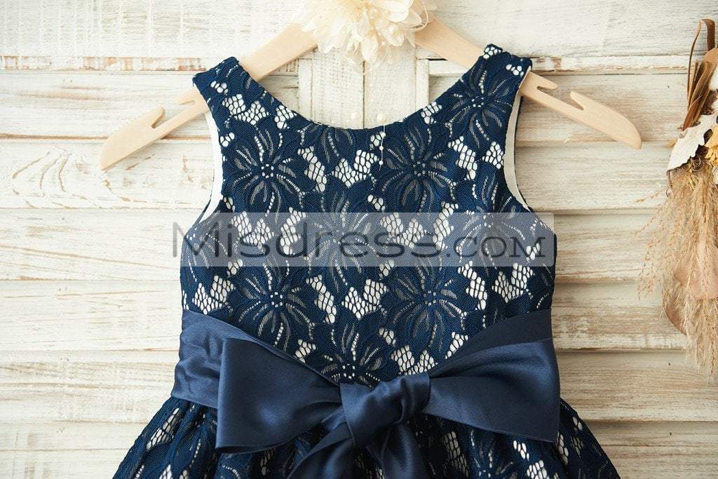 Navy Blue Lace Wedding Flower Girl Dress with Belt - Flower Girl Dresses