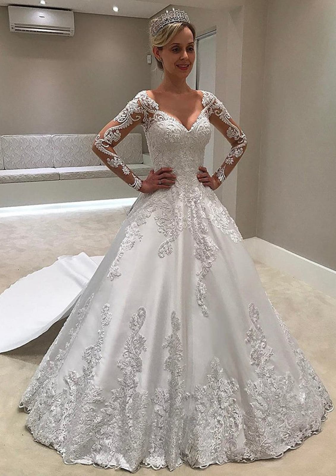 A-line V Neck Illusion Long Sleeve Court Train Satin Bridal