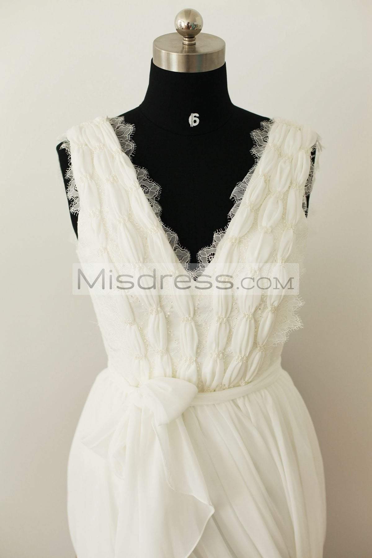 V Neck Ivory Lace Chiffon Wedding Dress Bridal Gown - Bridal Dresses