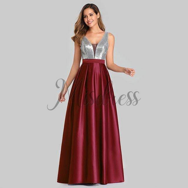 sequin v neck bridesmaid dress with satin piping Sequin V-Neck Bridesmaid Dress with Satin Piping