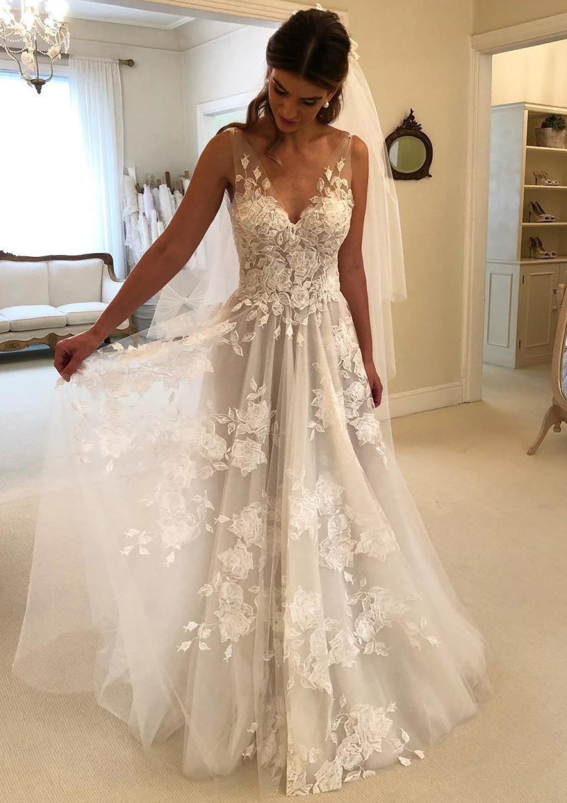 A-Line V Neck Sleeveless Deep V Back Lace Tulle Wedding Dress A-Line V Neck Sleeveless Deep V Back Lace Tulle Wedding Dress