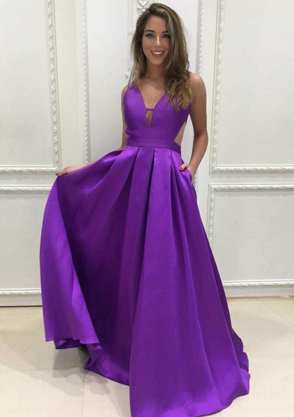 A-Line V Neck Sleeveless Cut-Out Floor-Length Purple Satin Prom Dress, Pleats