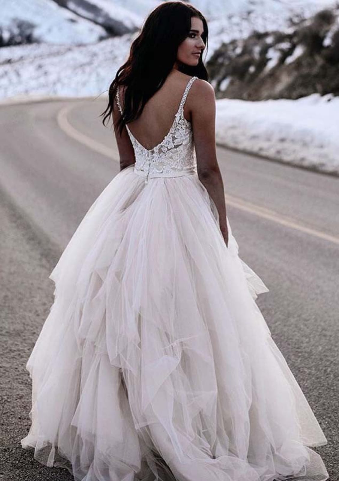 asymmetrical tulle wedding dress A-line V Neck Straps Hi Low Tulle Ruffles Lace Wedding Dress