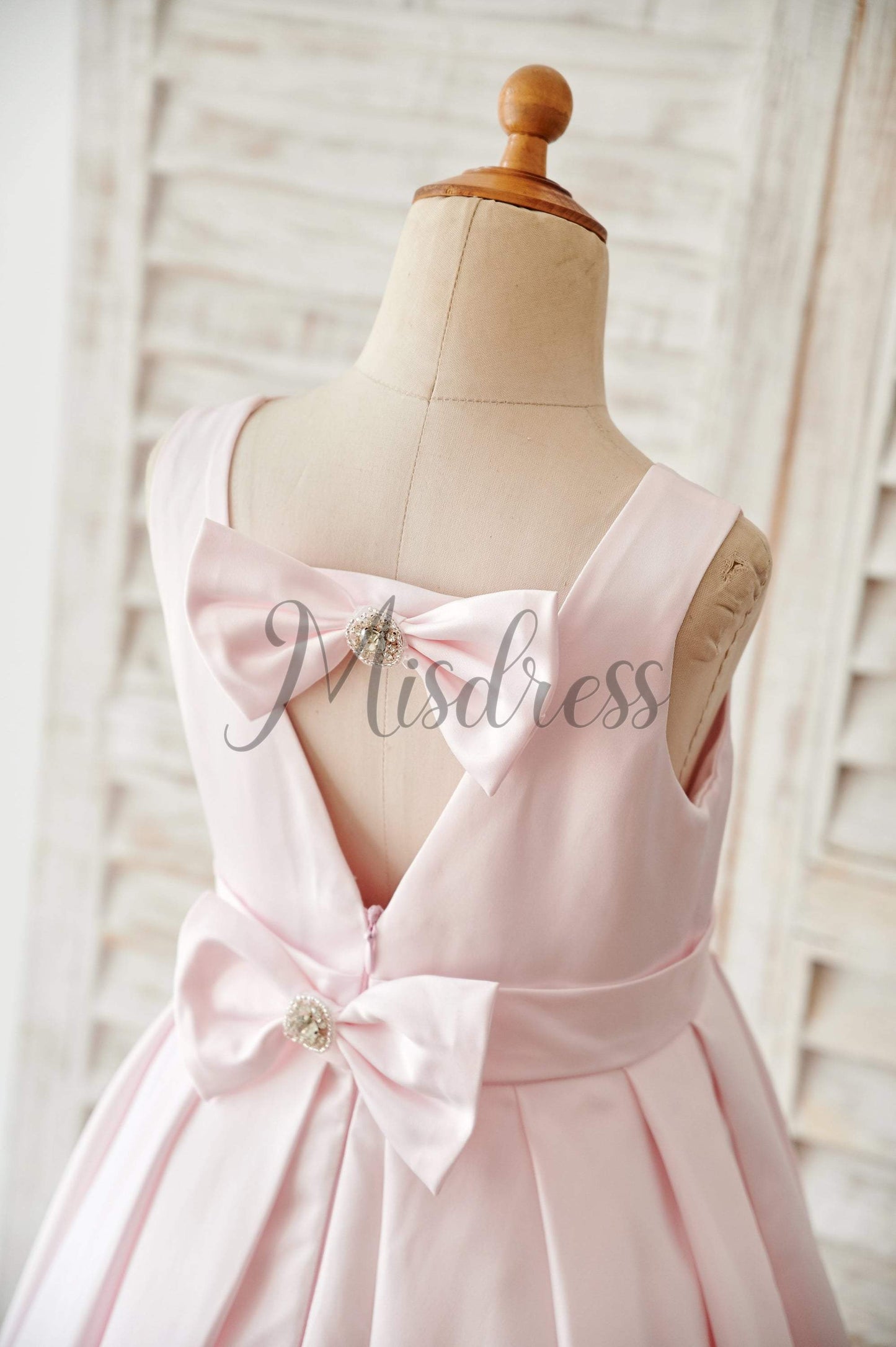 Pink Satin V Back Wedding Flower Girl Dress with Bows - Flower Girl Dresses
