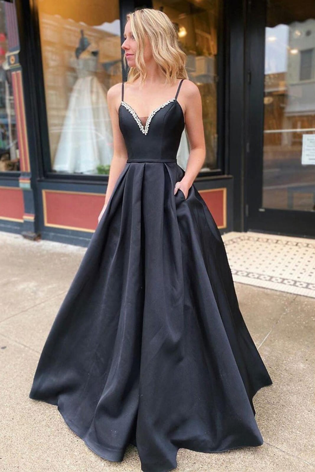 Pinterest Prom Dress Photos A-Line Prom Dress Lace-Up Sleeveless V Neck  Black Satin Pleats Beaded, Pocket