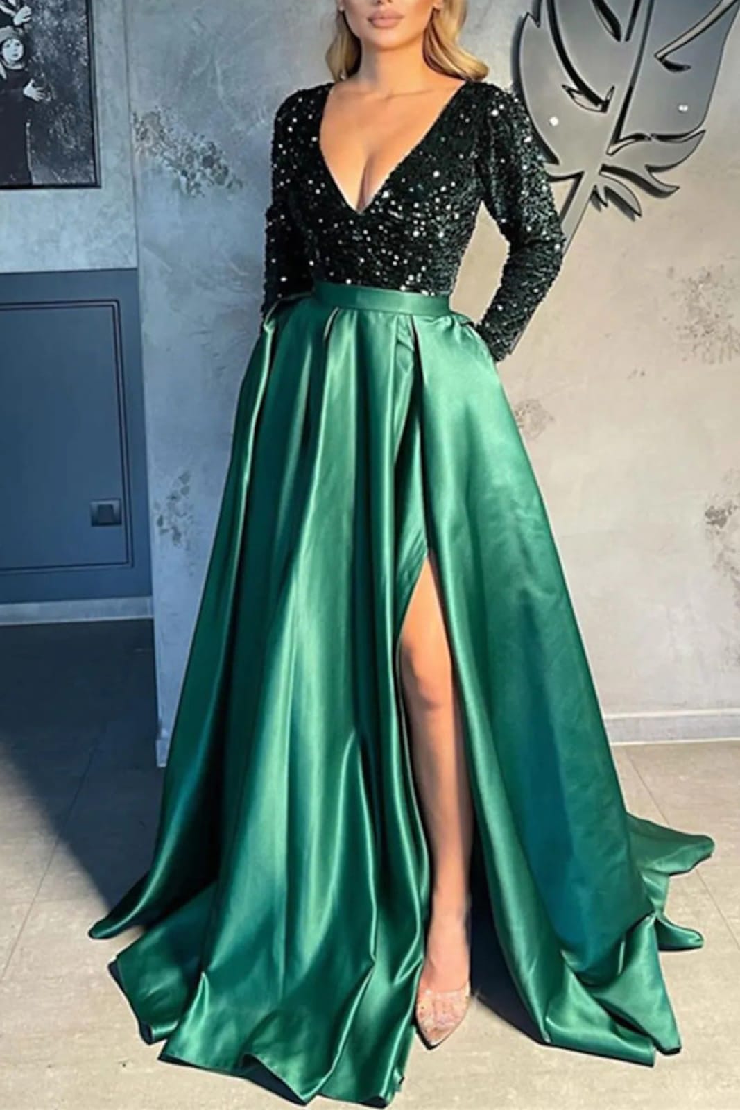 V Neck A Line Green Sequin Pleats Prom Dress V Neck A Line Green Sequin Pleats Prom Dress