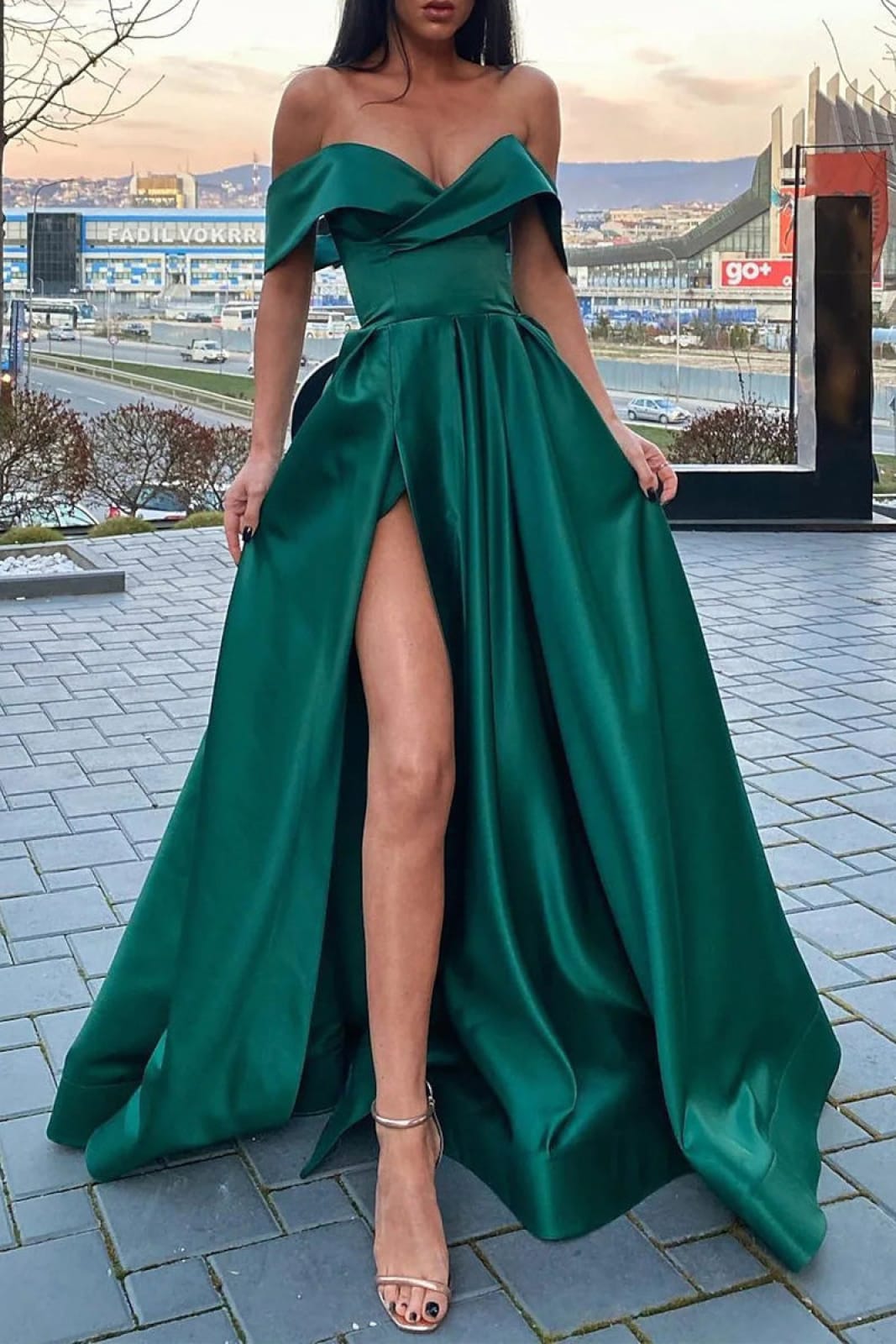 A-Line Prom Dress Off Shoulder Split Surplice Floor Length Green Satin A-Line Prom Dress Off Shoulder Split Surplice Floor Length Green Satin