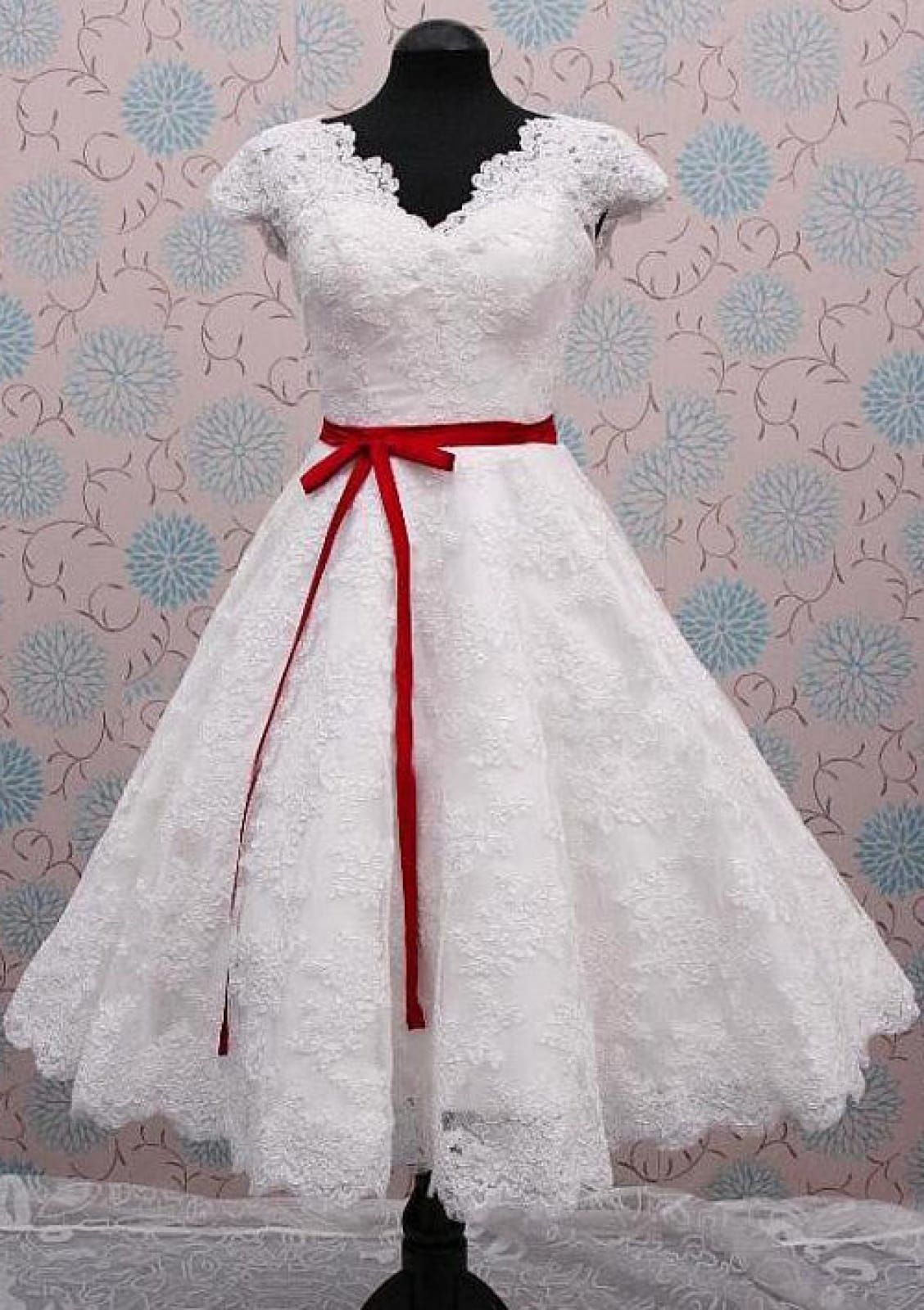 A-Line Scalloped Tea-Length Ivory Lace Short Wedding Dress, Red Sash A-Line Scalloped Tea-Length Ivory Lace Short Wedding Dress, Red Sash