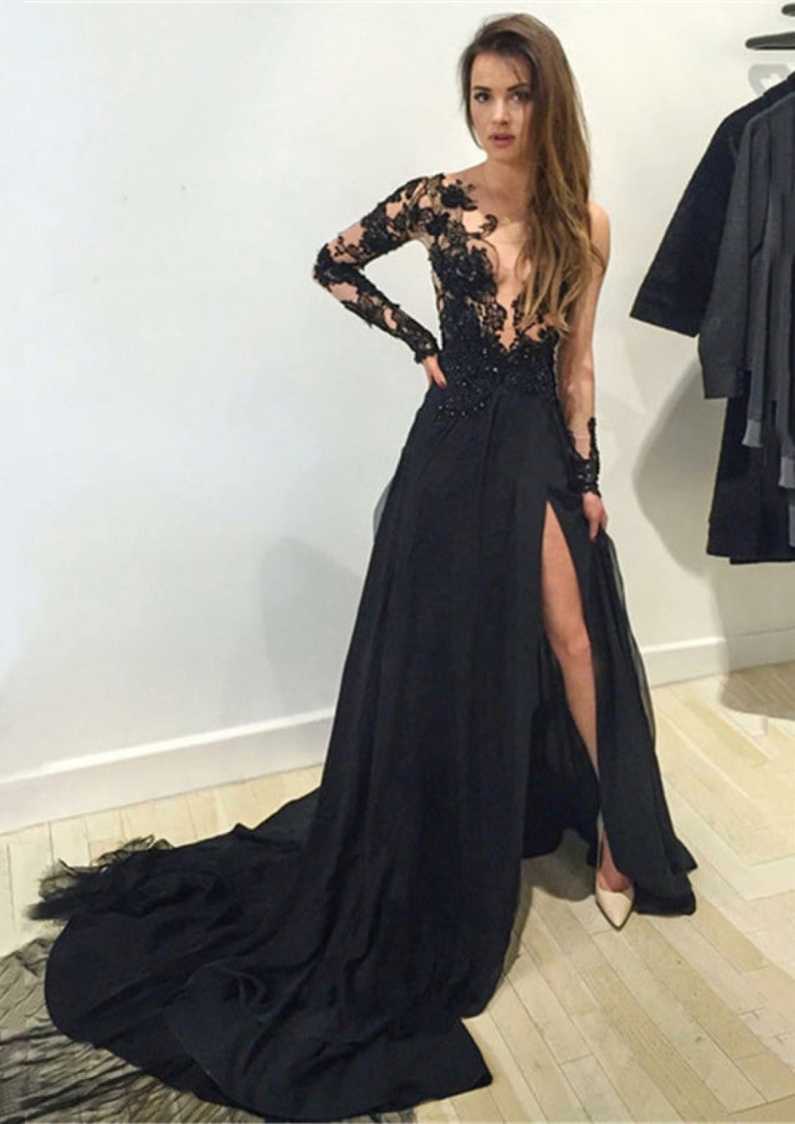 A-line Sheer Long Sleeve Illusion Lace Chapel Black Chiffon Prom Dress, Beaded Split A-line Sheer Long Sleeve Illusion Lace Chapel Black Chiffon Prom Dress, Beaded Split