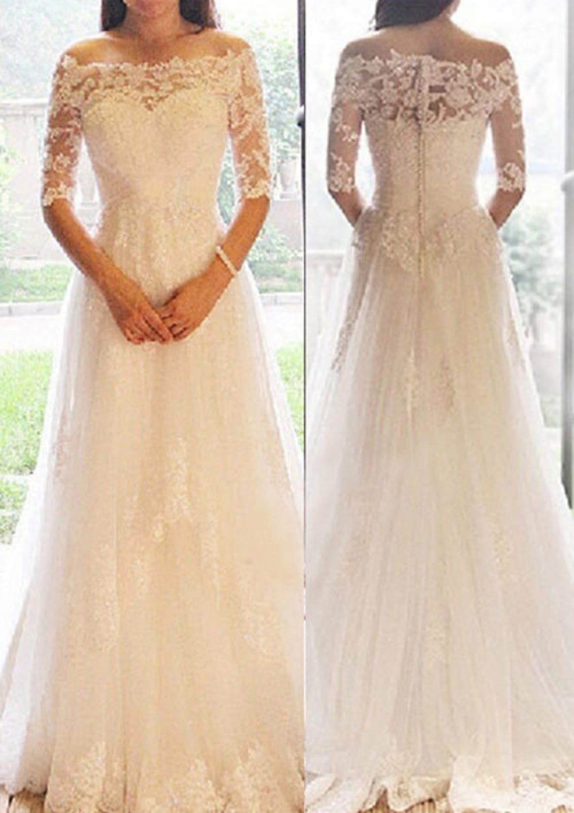 A-line Off Shoulder Half Sleeve Lace Tulle Bridal Wedding