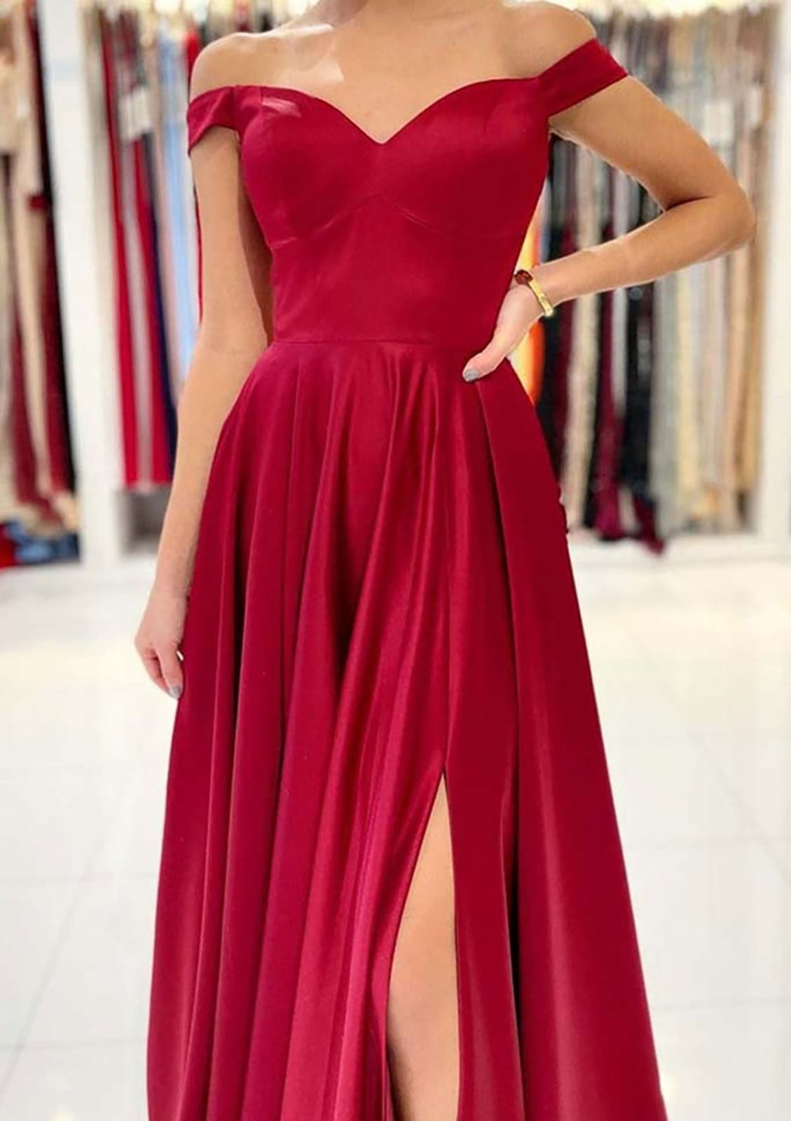 A-line Off Shoulder Long Burgundy Satin Formal Evening Gown
