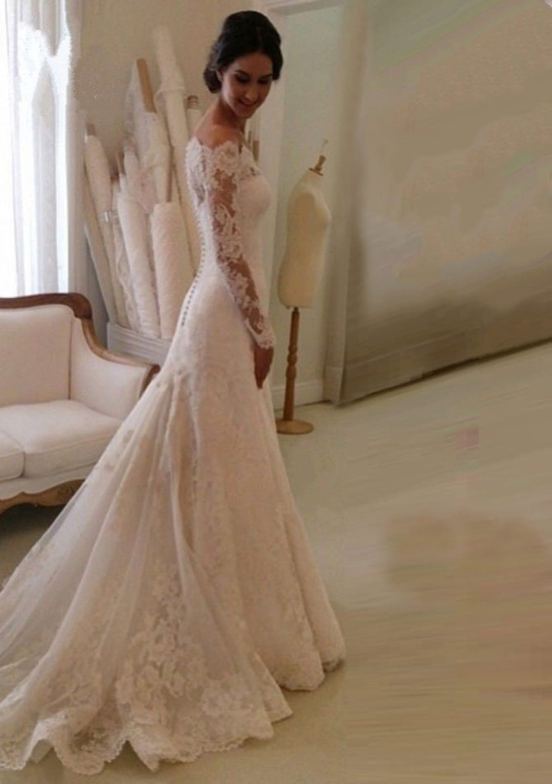 A-line Off Shoulder Scalloped Fishtail Full Sleeve Lace