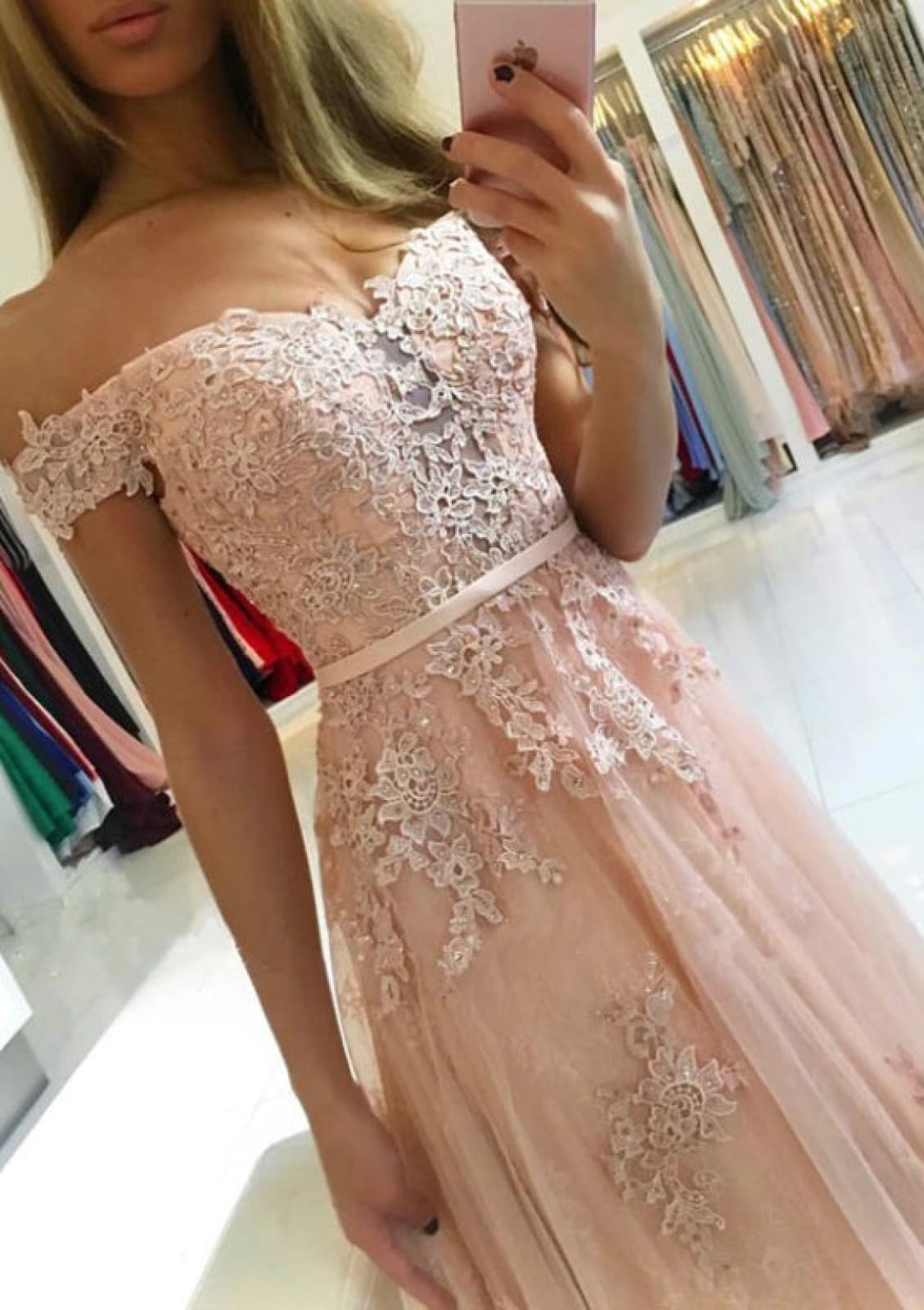 A-Line Off Shoulder Sweehteart Long Tulle Wedding Party Prom
