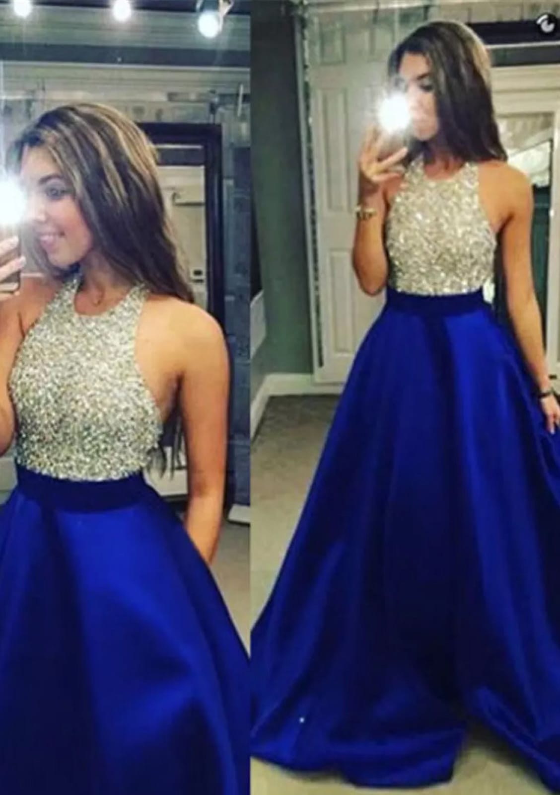 Affordable A-Line Halter Neck Sleeveless Satin Floor-Length Plus Size Prom Dress main image 1