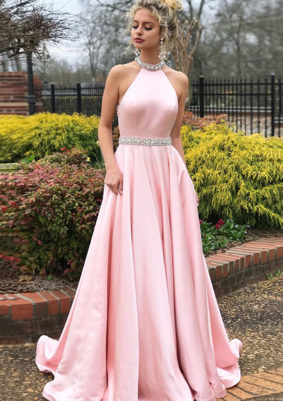 A-line/Princess Jewel Halter Sweep Train Satin Formal Prom Dress, Bead | Misdress A-line/Princess Jewel Halter Sweep Train Satin Formal Prom Dress, Bead | Misdress