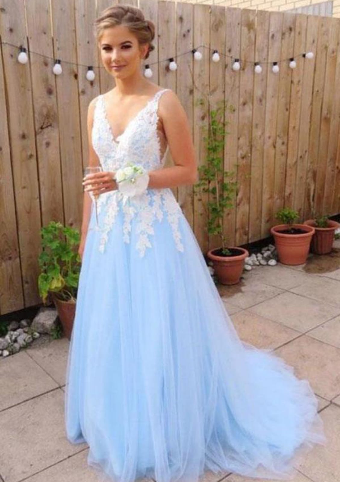 A-line/Princess V Neck Sleeveless Court Lace Tulle Prom Dress A-line/Princess V Neck Sleeveless Court Lace Tulle Prom Dress