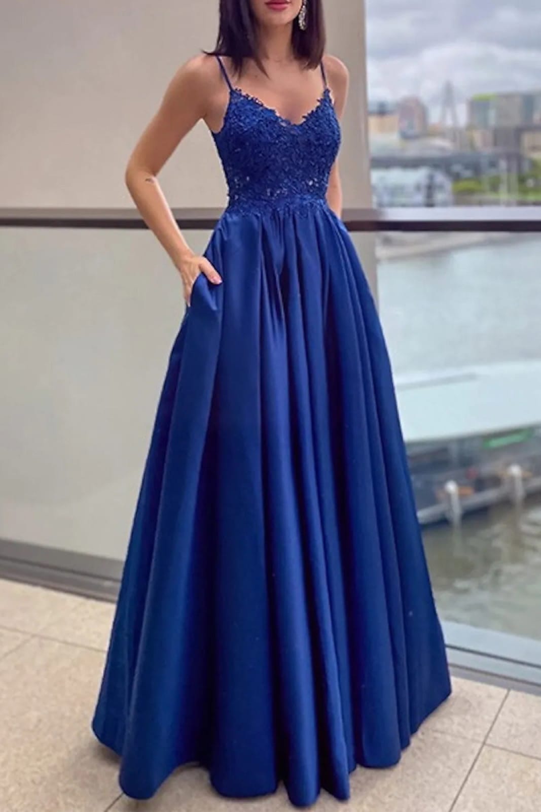 Long Prom Dress A-Line Straps V Neck Sleeveless Royal Blue Lace Satin, Pleats Long Prom Dress A-Line Straps V Neck Sleeveless Royal Blue Lace Satin, Pleats