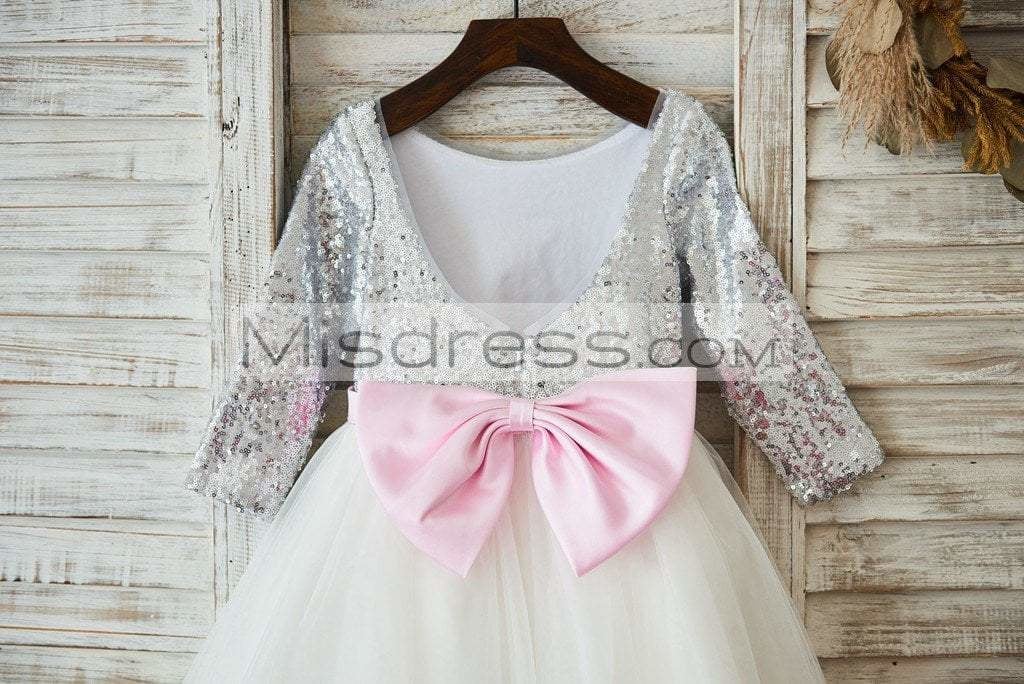 Long Sleeves Silver Sequin Ivory Lace Tulle V Back Wedding Flower Girl Dress Party Dress - Flower Girl Dresses