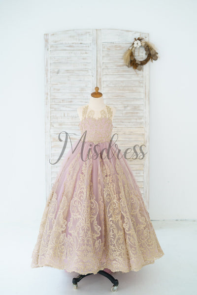 Mauve Tulle Gold Lace Sheer Back Wedding Flower Girl Dress Kids Party Dress - 2T