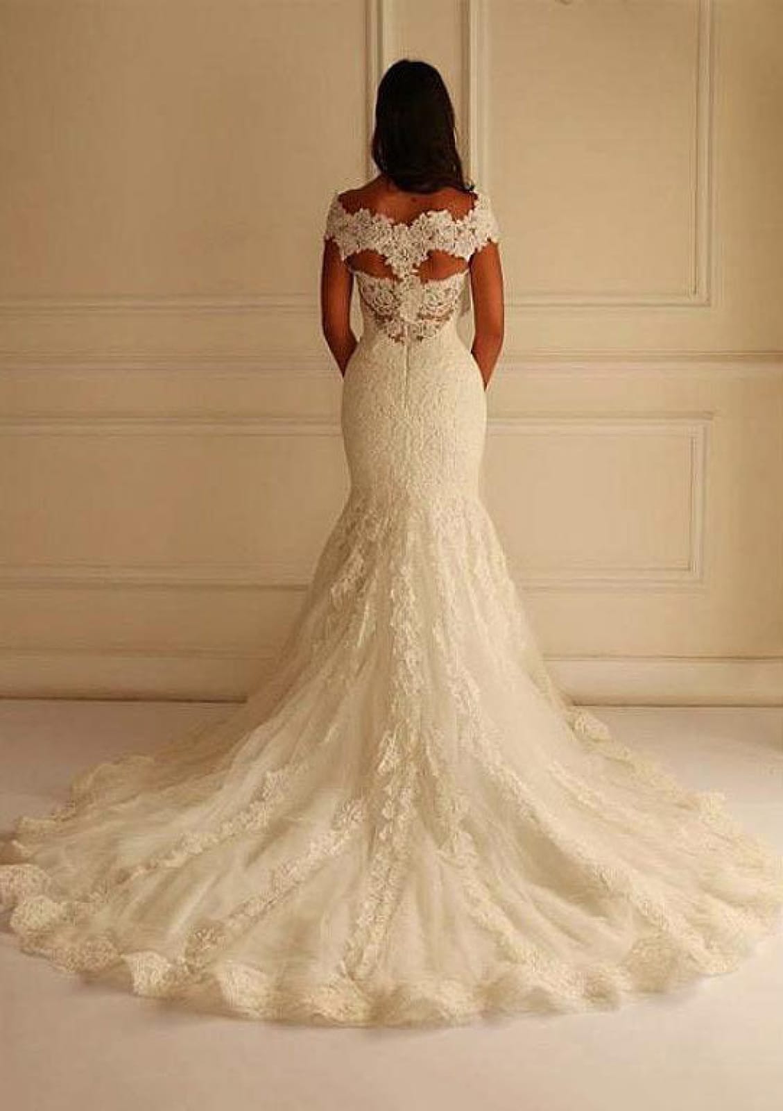 Mermaid Off Shoulder Sleeveless Chapel Lace Wedding Dress -