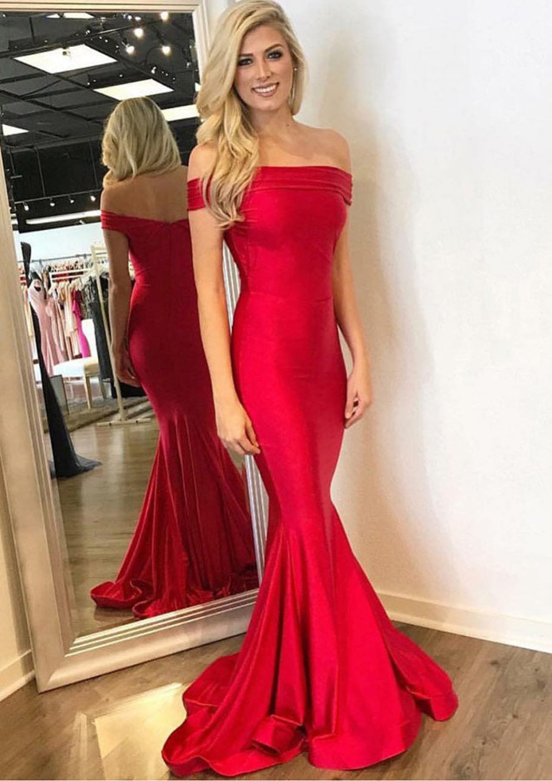Red Off Shoulder Mermaid Satin Long Party Dress Simple Evening Dress, DP5070