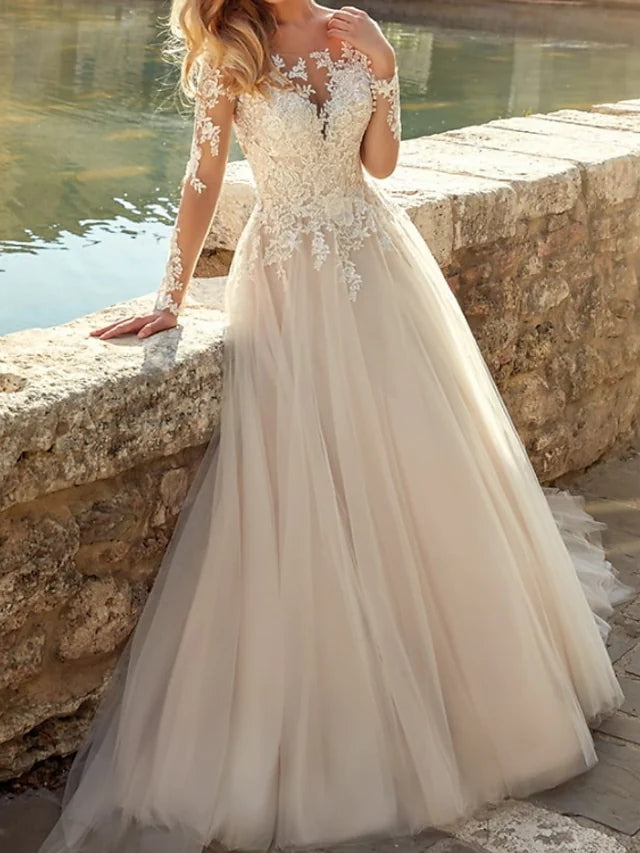Unique Long Sleeve Champagne Tulle Wedding Dress