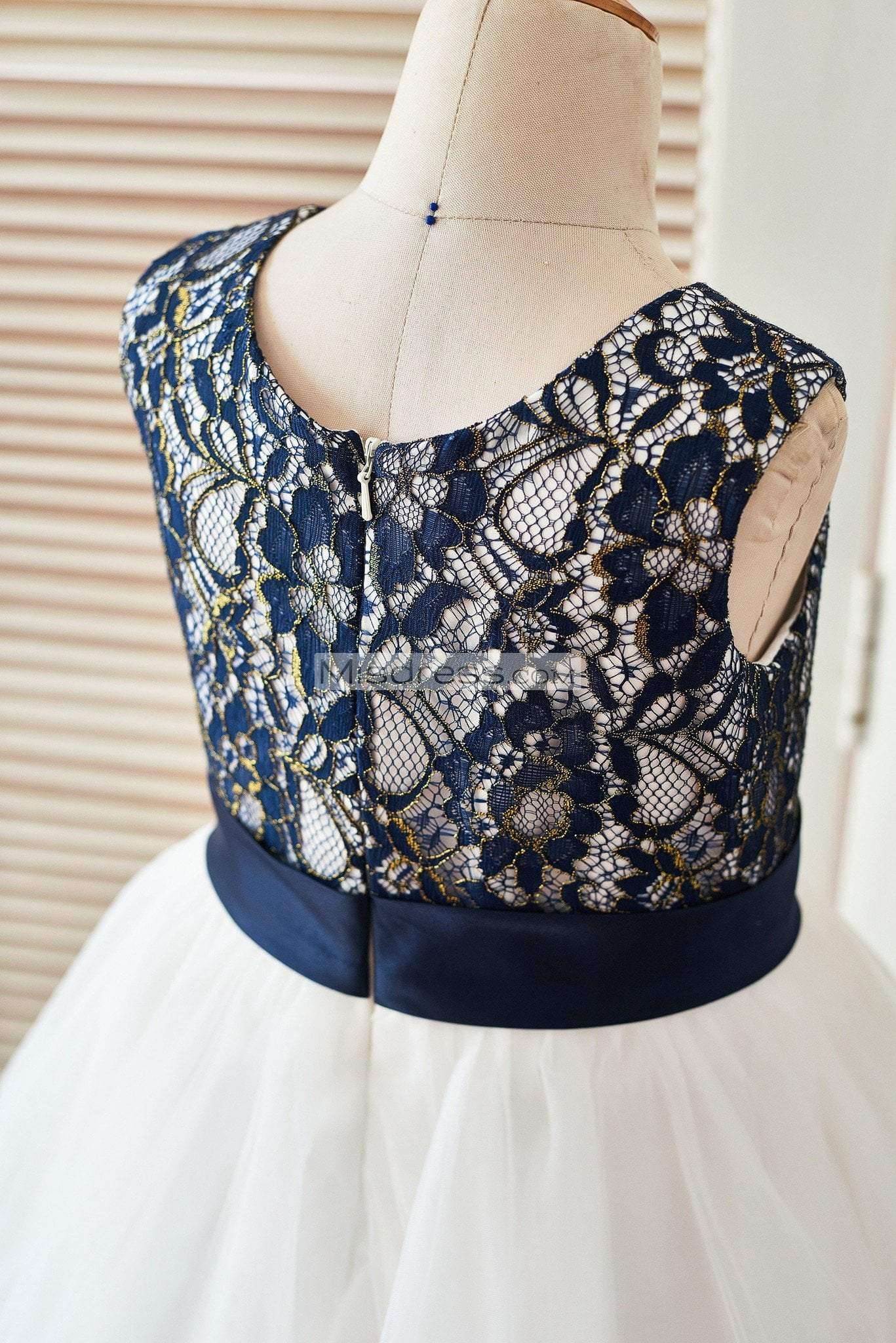 Navy Blue Gold Lace Ivory Tulle Wedding Flower Girl Dress - Flower Girl Dresses