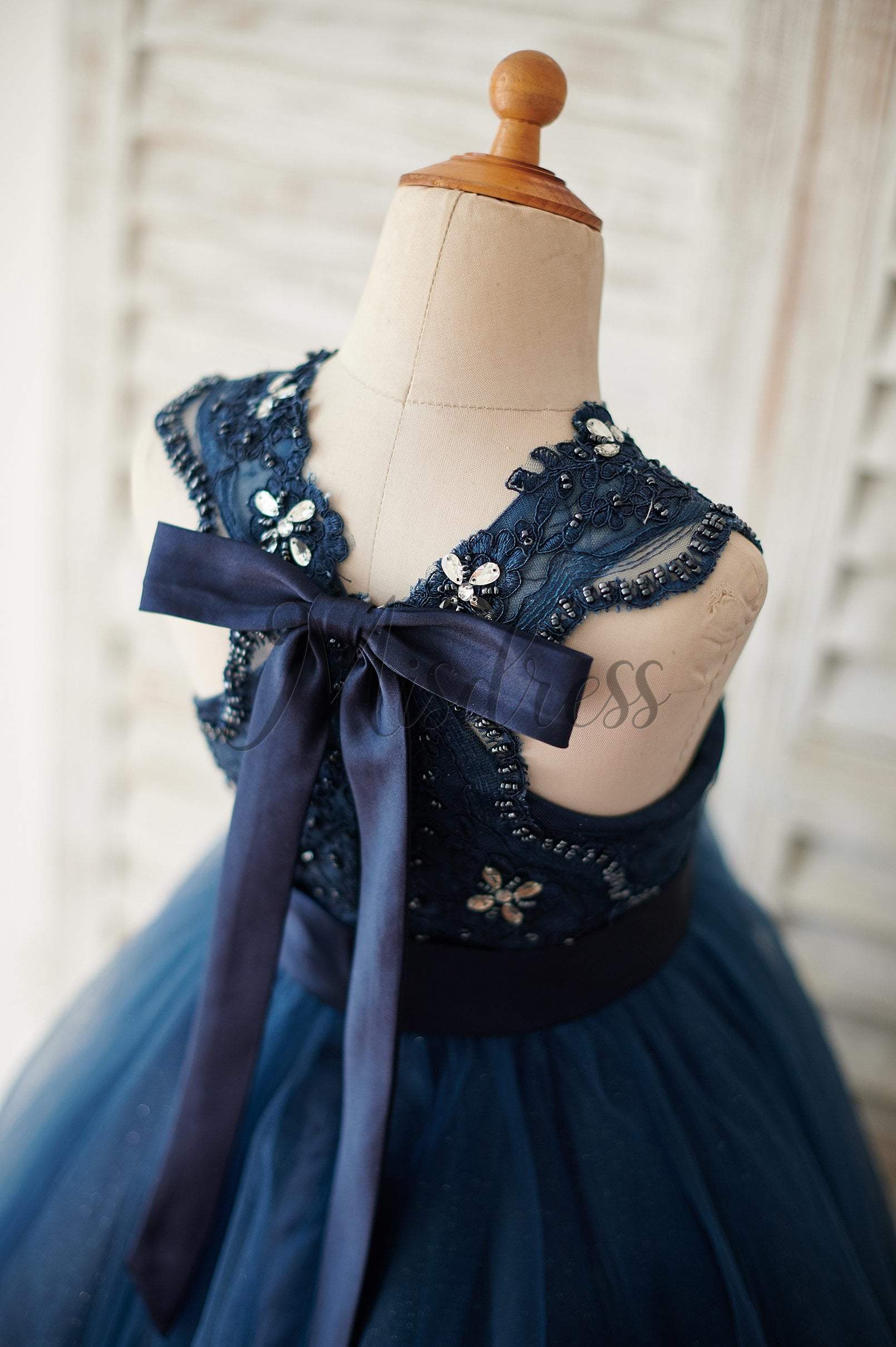 Navy Blue Lace Glitter Tulle Beaded Cross Back Wedding Flower Girl Dress 8T --- Chest = 27 inches/ Waist = 26 inches/ Hollow to knee = 27.5 inches