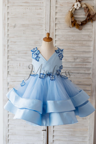 V Neck Blue Satin Butterfly Wedding Flower Girl Dress Horsehair Hem