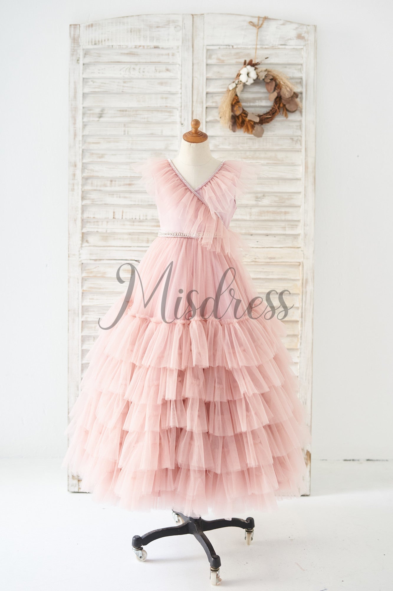 V Neck Mauve Tulle Cupcake Ruffles Wedding Flower Girl Dress 2T