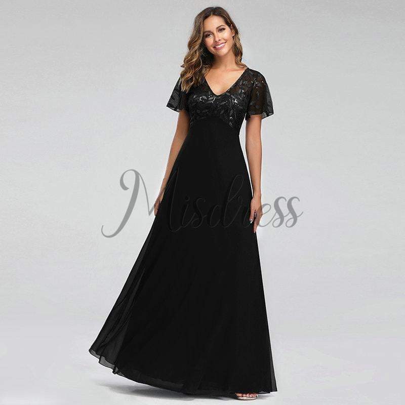 V Neck Short Sleeves Empire Waist Sequin Chiffon Wedding Evening Dress 6 / Black V Neck Short Sleeves Empire Waist Sequin Chiffon Wedding Evening Dress 6 / Black