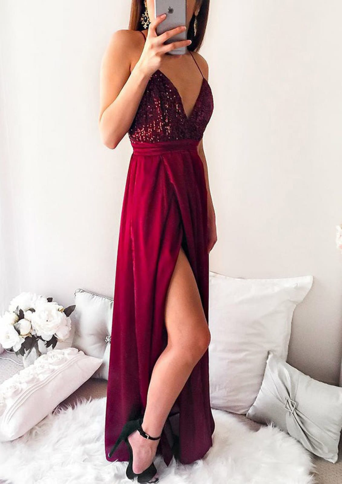 A-line V Neck Spaghetti Strap Cross Back Long Chiffon Split
