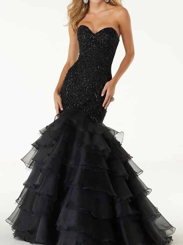 Mermaid Beaded Strapless Sweetheart Ruffles Organza Black Wedding Dress Mermaid Beaded Strapless Sweetheart Ruffles Organza Black Wedding Dress