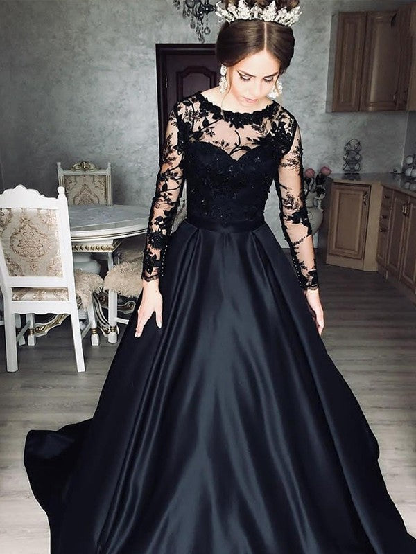 A-Line Satin Lace Illusion Bateau Long Sleeves Sweep Black Wedding Dress A-Line Satin Lace Illusion Bateau Long Sleeves Sweep Black Wedding Dress