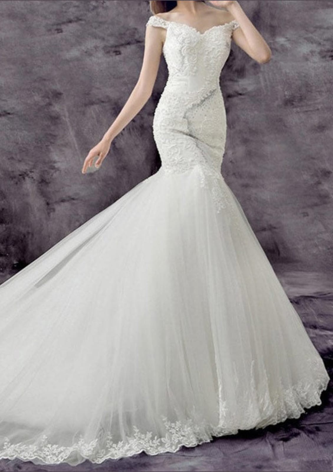 Off Shoulder Chapel Beaded Lace Tulle Mermaid Wedding Dress