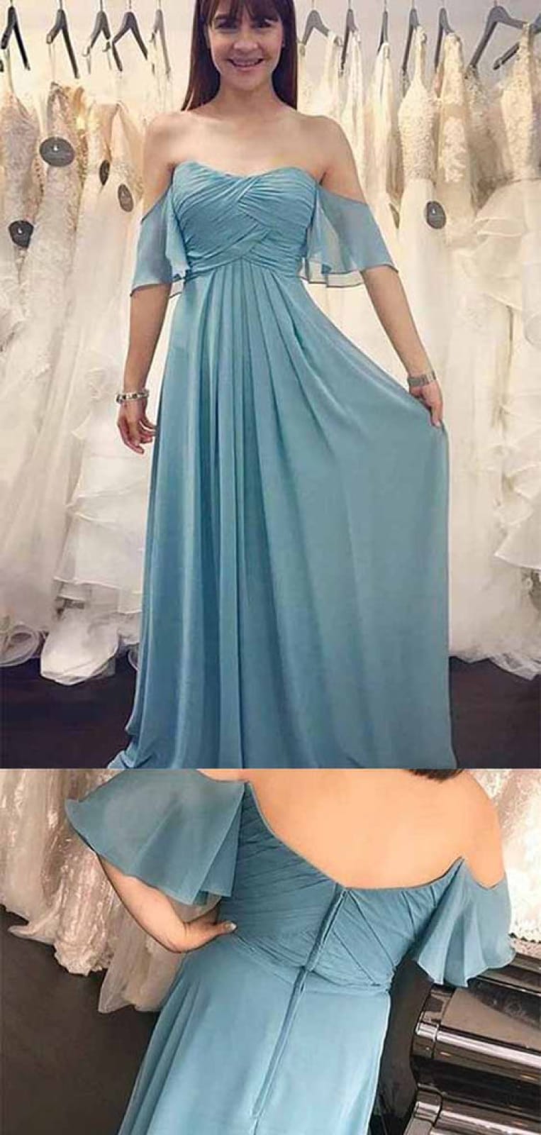 Off Shoulder Sweetheart Ruched Chiffon Long Sweep Train