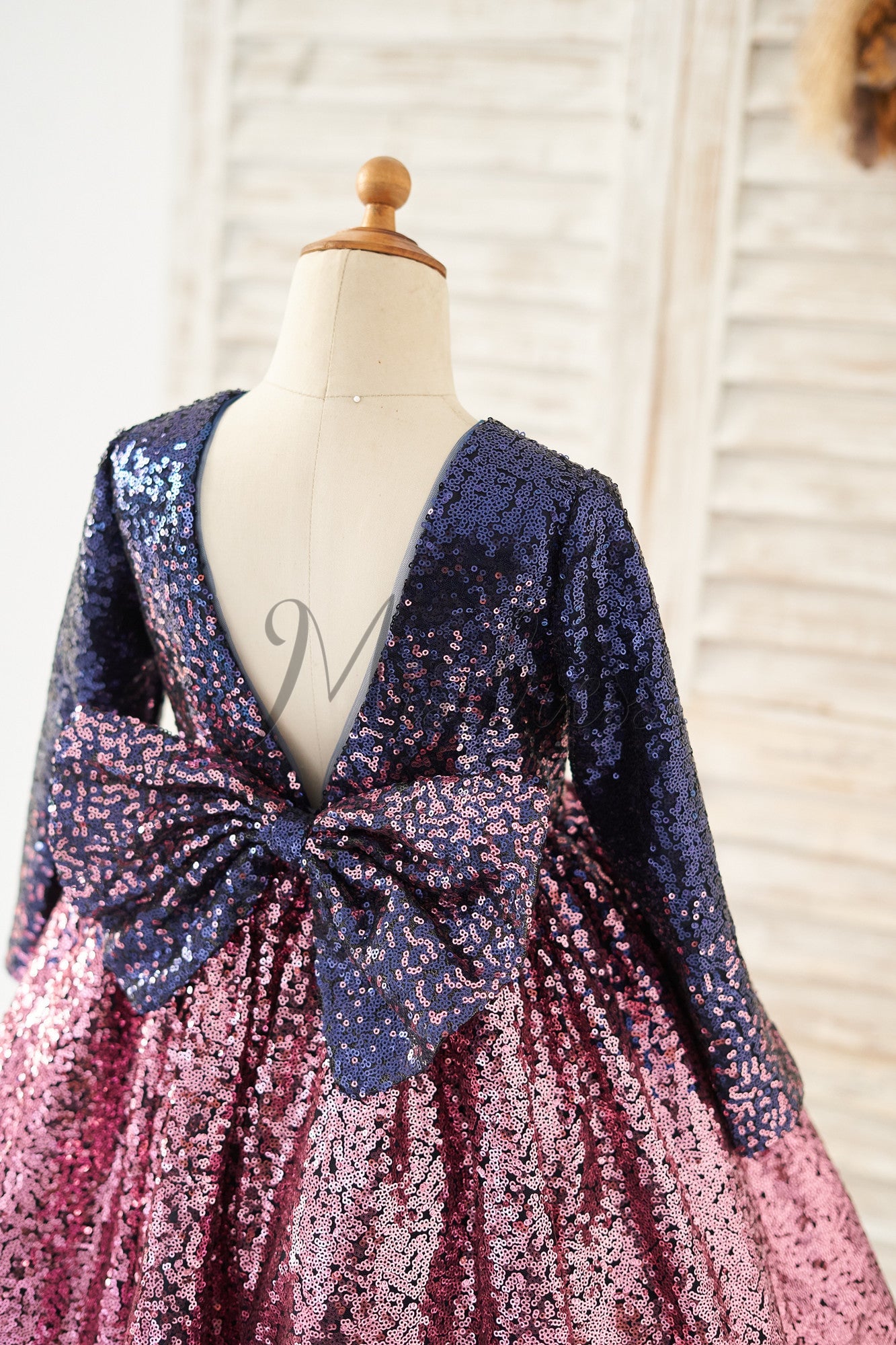 Ombre Navy Pink Sequin V Back Wedding Flower Girl Dress with Bow Kids Party Dress
